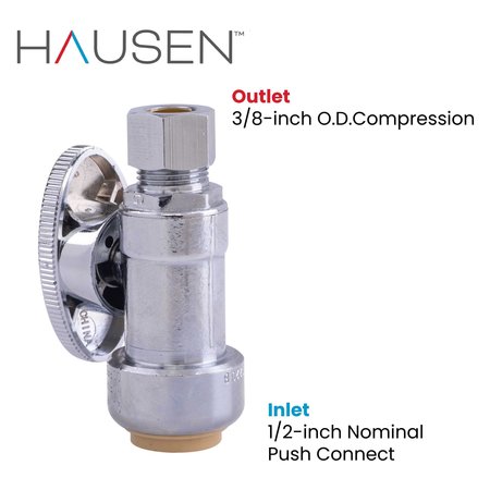 Hausen 1/2in Chrome-Pltd Brass Push-To- Connect x 3/8in OD Comprn Quarter-Turn Straight Stop Valve 6PK HA-SS105-6